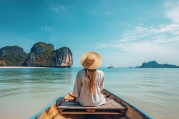 Fototapeta premium Woman travelling on the boat and enjoy her trip with ready to adventure. Happy travel woman on vacation concept. ai generative