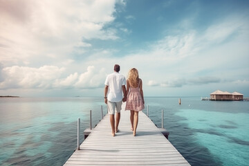 Travel, leisure, lifestyle concept. Young couple traveling in tropical island. Blue lagoon, palm trees and resort houses in background. Generative AI