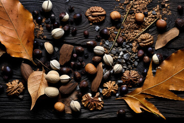 Obraz na płótnie Canvas A stock photo of a autumn leaves and nuts were drie, generative ai