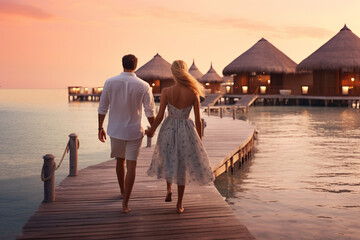 Fototapeta premium Travel, leisure, lifestyle concept. Young couple traveling in tropical island. Blue lagoon, palm trees and resort houses in background during sunset. Generative AI