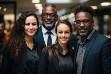 Fototapeta premium People, business, lifestyle concept. Portrait of multicultural business team. Various cultures employees posing to camera in conference, exhibition event or company hall. Happy emotions. Generative AI