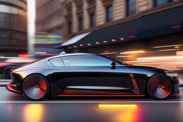 Beautiful futuristic car. Future electric sports car parked on modern city, town background, and...