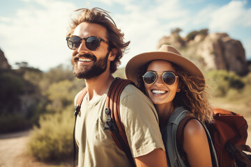 Fototapeta premium Travel concept. Young and happy couple traveling lifestyle portrait. Young and beautiful happy couple enjoy traveling adventures. Generative AI