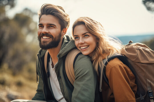 Travel concept. Young and happy couple traveling lifestyle portrait. Young and beautiful happy couple enjoy traveling adventures. Generative AI