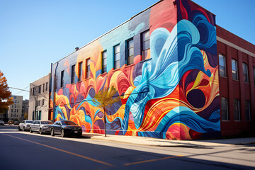 Public art installations and mural street art in building