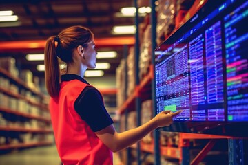 Engineer stands in a warehouse with a tablet computer and checks the statements for the presence of goods.Engineer with orange safety jacket and PPE walk audit in factory and warehouse. ai generative - obrazy, fototapety, plakaty