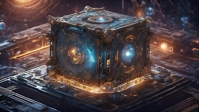 futuristic steampunk cube computer chip on a circuit board