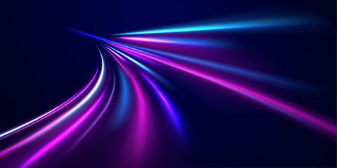 Speed light streaks vector background with blurred fast moving light effect, blue purple colors on black. Glowing street exposure. Blurred motion. Sparkling flow. Vector abstract dynamic dark.