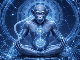 Fototapeta na wymiar Silver Mine cyborg meditating monkey