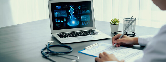Doctor studying genetic disease in DNA research with laptop, analyze genetic data, formulate medical treatment strategies, and develop healthcare plan for patient with innovative solution. Neoteric