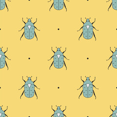 Seamless geometric pattern background of flower chafers beetles on yellow background. Look other samples in collection