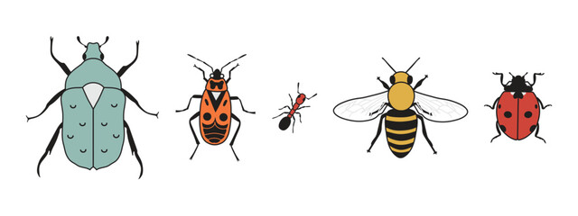 Cute insects in vintage cartoon style. Firebug, ant, flower chafer, honey bee, ladybug isolated on white background