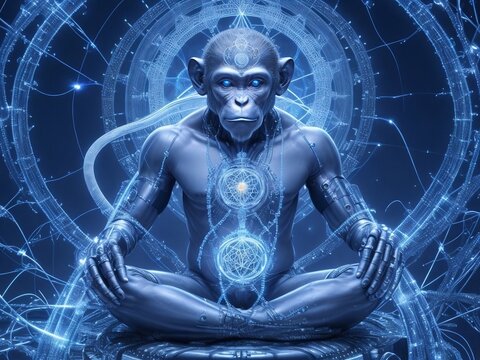Silver Mine cyborg meditating monkey