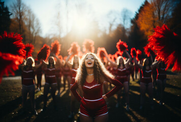 Fototapeta premium Energetic Young Cheerleaders in Action, Spirited Cheerleading Team Performance, Vibrant Cheerleaders on the Field, Cheerleading Squad Bringing the Spirit, Youthful Enthusiasm, Cheerleaders Cheering