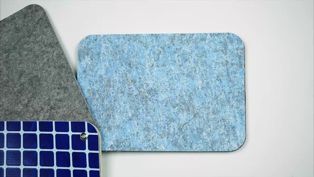 Various samples of vinyl coating for swimming pools. Stop motion animation 