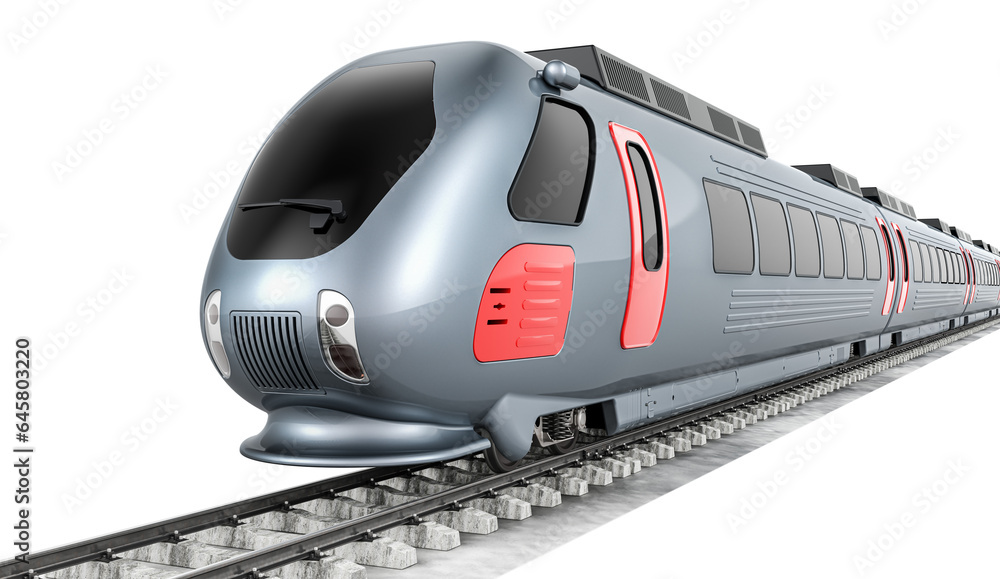 Poster high speed train on the tracks. 3d rendering isolated on transparent background