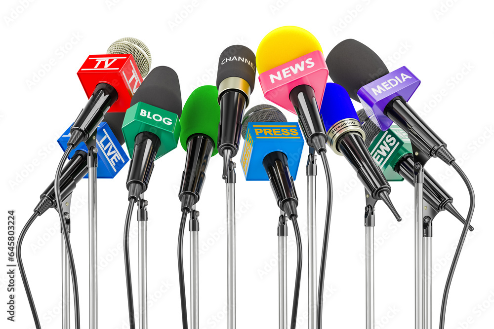 Poster microphones of different mass media. press conference or interview concept. 3d rendering isolated on