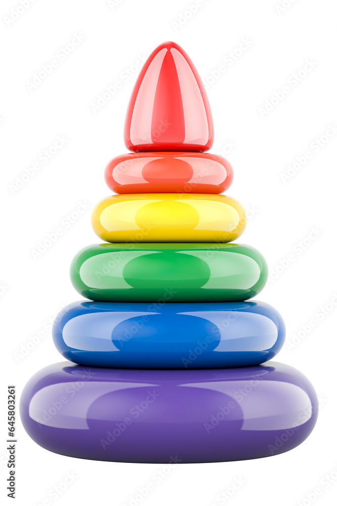 Poster stacking rings toy, toy pyramid. 3d rendering isolated on transparent background