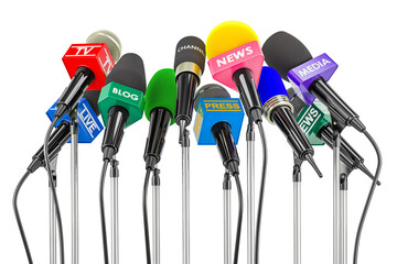 Microphones of different mass media. Press conference or interview concept. 3D rendering isolated on transparent background - 645803224