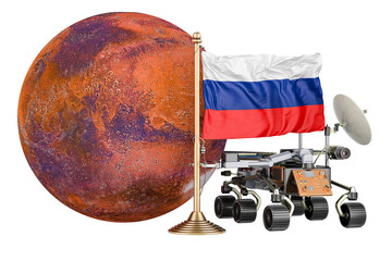 Russian Mars Exploration Program. Planetary rover with Mars and Russian flag. 3D rendering isolated on transparent background