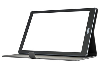 Tablet computer, tablet pc with white screen in case, 3D rendering isolated on transparent background