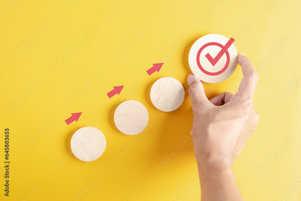 Aufkleber Step to Quality Standard approved Assurance or QA and Quality Control and improvement. Standardization. certification. Compliance to regulations service and planning development to iso.