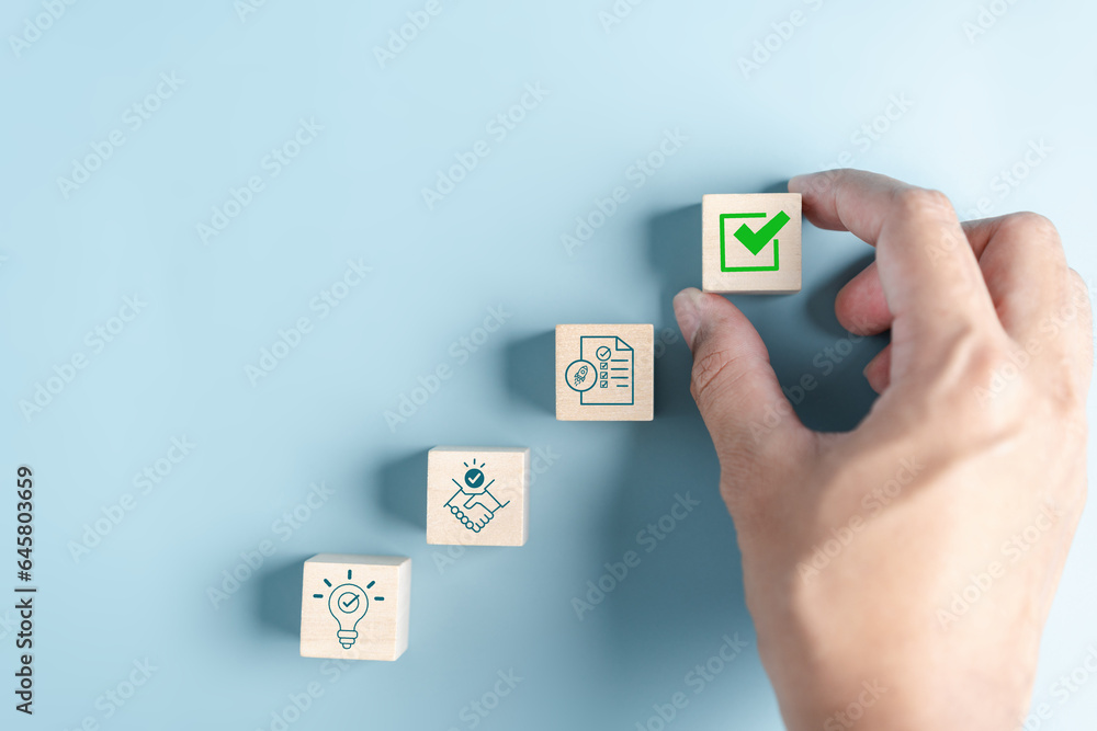 Aufkleber Checkbox Quality improvement and planning corporate business with Quality Assurance or QA and QC and improvement. Standardization, certification. Compliance to regulations service and standards.