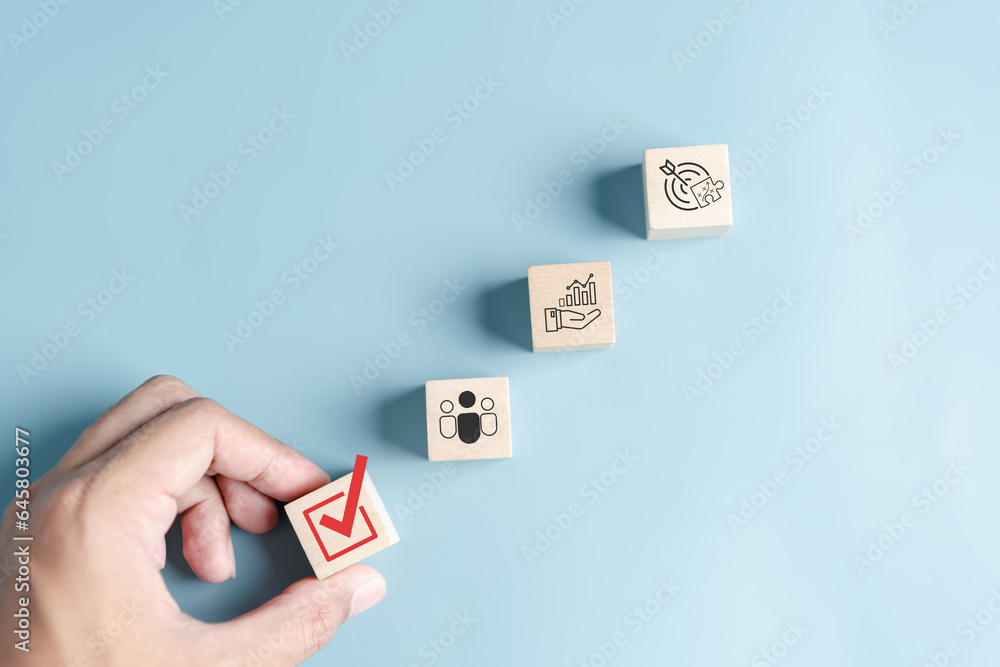 Poster Checkbox Quality improvement and planning corporate business with Quality Assurance or QA and QC and improvement. Standardization, certification. Compliance to regulations service and standards.