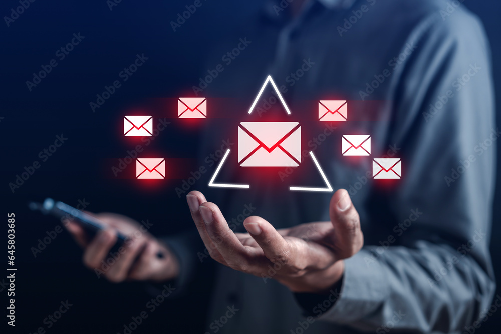 Poster Alert Email inbox and spam virus with warning caution for notification on internet letter security protect, junk and trash mail and compromised information.
