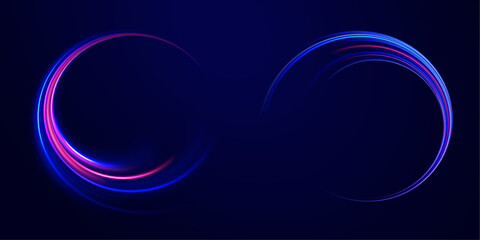  Light arc in neon colors, in the form of a turn and a zigzag.  Big set of light neon lines in the form of swirl and spirals.  Vector glitter light fire flare trace.