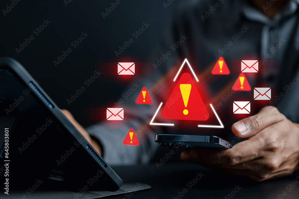 Poster Alert Email inbox and spam virus with warning caution for notification on internet letter security protect, junk and trash mail and compromised information.