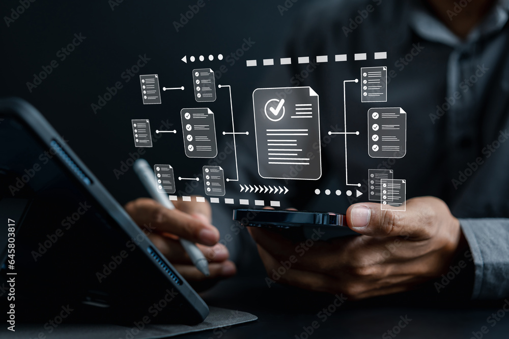 Aufkleber Online survey filling out and digital form checklist by laptop computer, Document Management Checking System, online documentation database and process manage files...