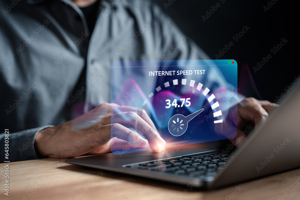 Aufkleber Fast internet connection speedtest bandwidth network technology, Man using smartphone with Internet high speed by smartphone 5G quality, speed optimization.