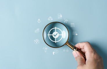 Magnifying glass focus to target icon which for start up, creative, idea, innovation, motivation...