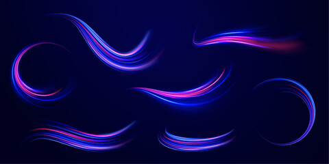 Neon line as speed or arc, turn, twist, bend in light effect. Light arc in neon colors, in the form of a turn and a zigzag. ig set of light neon lines in the form of swirl and spirals.   - obrazy, fototapety, plakaty