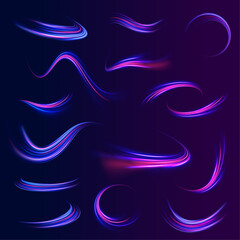 Neon line as speed or arc, turn, twist, bend in light effect. Light arc in neon colors, in the form of a turn and a zigzag. ig set of light neon lines in the form of swirl and spirals.  