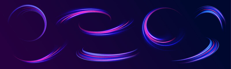 Fototapeta premium Expressway in long delay, with car lights at night on autobahn. Vector glitter light fire flare trace. Light arc in neon colors, in the form of a turn and a zigzag. 