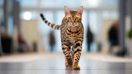 A pedigreed purebred Bengal cat at an exhibition of purebred cats. Cat show. Animal exhibition. Competition for the most purebred cat. Winner, first place, main prize.
