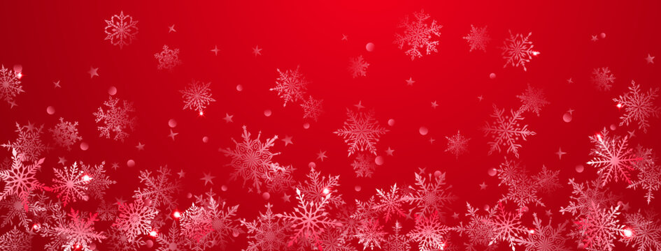 Christmas background of beautiful complex big and small snowflakes in red colors. Winter illustration with falling snow