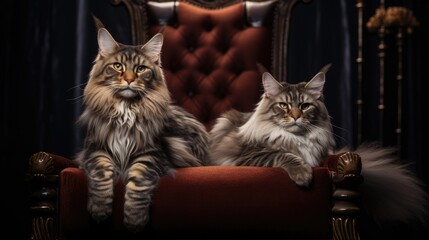 Two pedigreed purebred Maine Coon Cats at an exhibition of purebred cats. Cat show. Animal exhibition. Competition for the most purebred cat. Winner, first place, main prize.