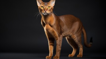 A pedigreed purebred Abyssinian cat at an exhibition of purebred cats. Cat show. Animal exhibition. Competition for the most purebred cat. Winner, first place, main prize