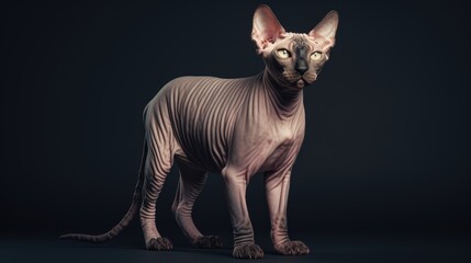 A pedigreed purebred Sphynx cat at an exhibition of purebred cats. Cat show. Animal exhibition. Competition for the most purebred cat. Winner, first place, main prize.
