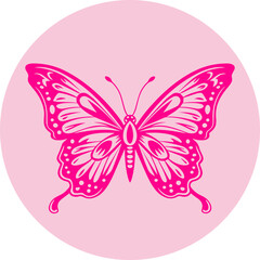 Pink butterfly mascot silhouette in a circle. Flat vector illustration.