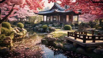 Beauty of a Japanese garden, where cherry blossoms bloom, flows clear river, a stone path leads to a tea house. The harmony of nature and architecture is the backdrop for a traditional tea gathering.