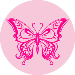 Pink butterfly mascot silhouette in a circle. Flat vector illustration.