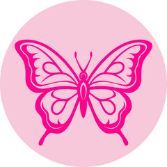 Pink butterfly mascot silhouette in a circle. Flat vector illustration.