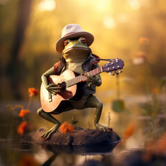 Funny frog playing the guitar in the forest