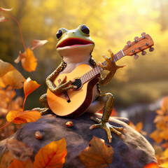 Funny frog playing the guitar in the forest
