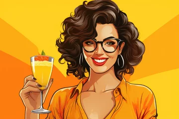 Gordijnen Pop art retro comic illustration of a cheerful girl with a bright smile, holding a cocktail drink against a vivid yellow background © Sascha