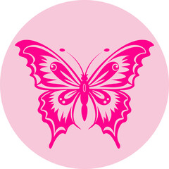 Pink butterfly mascot silhouette in a circle. Flat vector illustration.